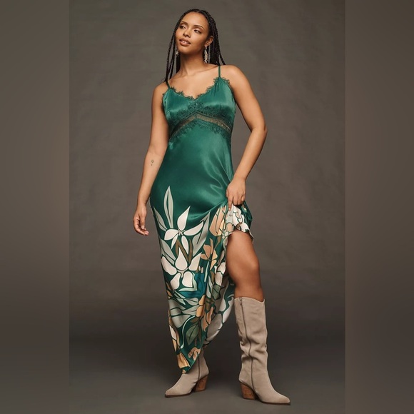 NWT! Anthropologie Green Bl-nk Eustella Bare V-Neck Maxi Dress - Size XS 🥐 - Picture 5 of 10